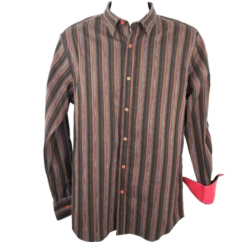 Visconti Striped Long Sleeve Button Up Shirt Mens L Flip Cuff Raised Stitch
